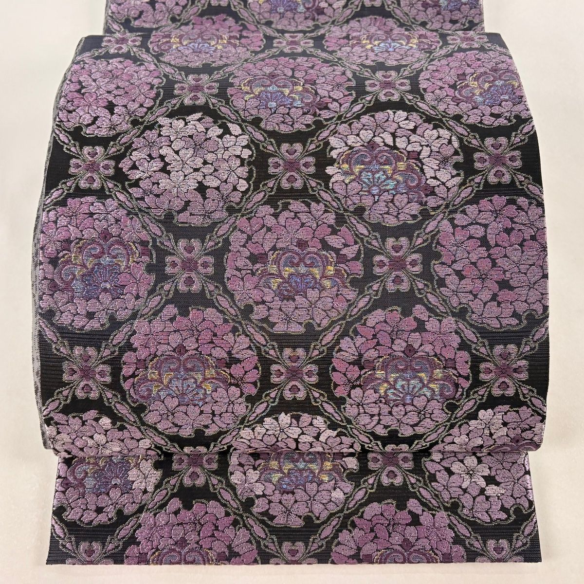 袋帯 桂由美 桜華文 金糸 刺繍 濃紫 六通 正絹