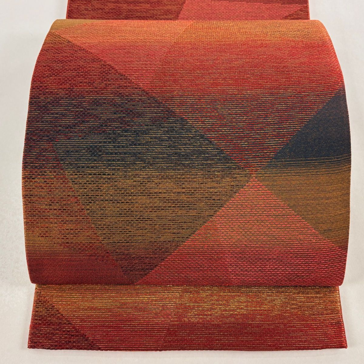 袋帯 都喜ヱ門 落款 虹彩 幾何学 金糸 赤茶 六通 正絹