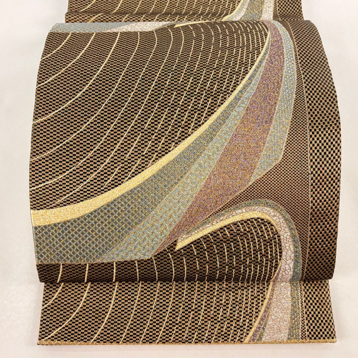 袋帯 幾何学 金糸 箔 金茶 六通 正絹