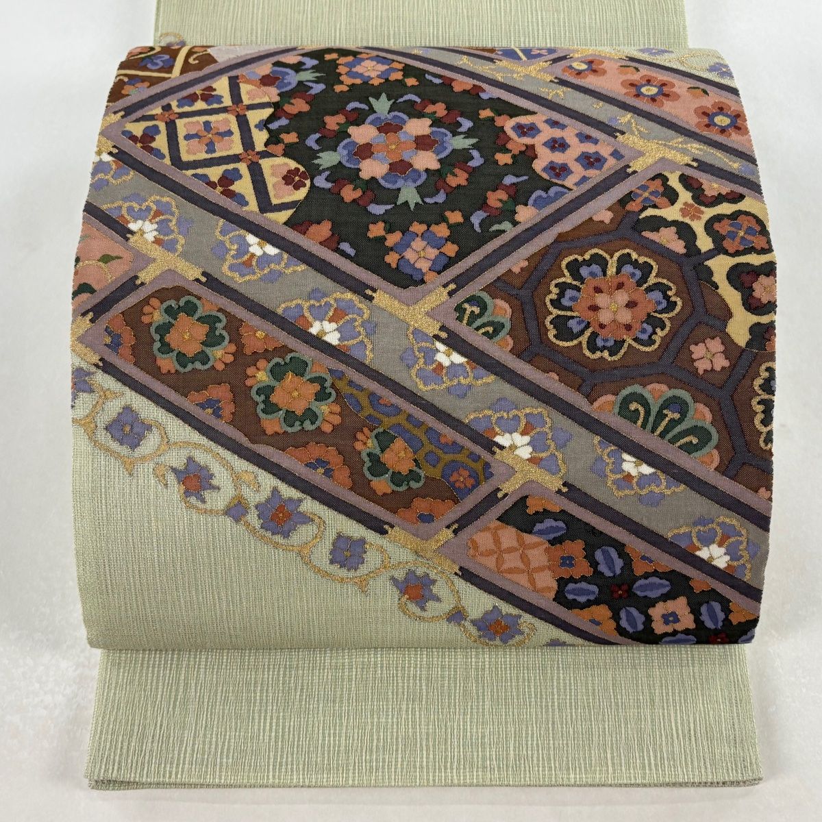 袋帯 華文 花唐草 金糸 箔 灰緑 お太鼓柄 正絹