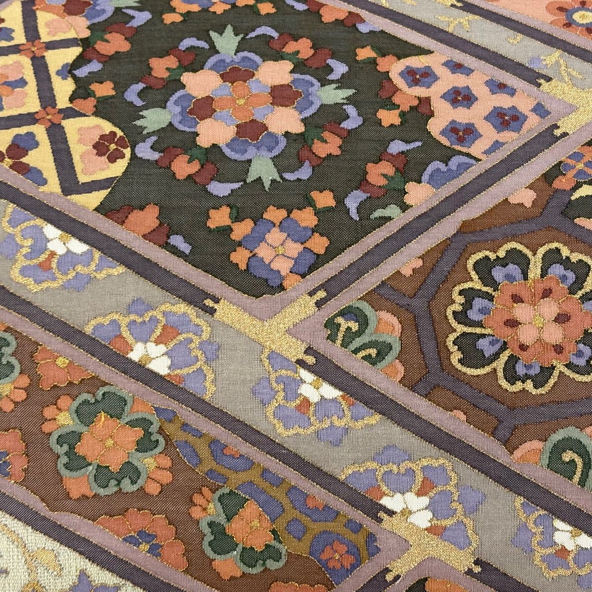 袋帯 華文 花唐草 金糸 箔 灰緑 お太鼓柄 正絹