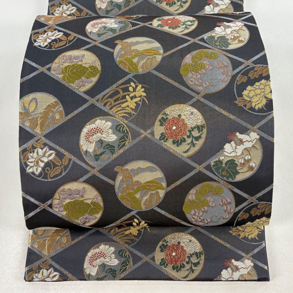 袋帯 草花 菱 金糸 箔 青灰色 全通 正絹