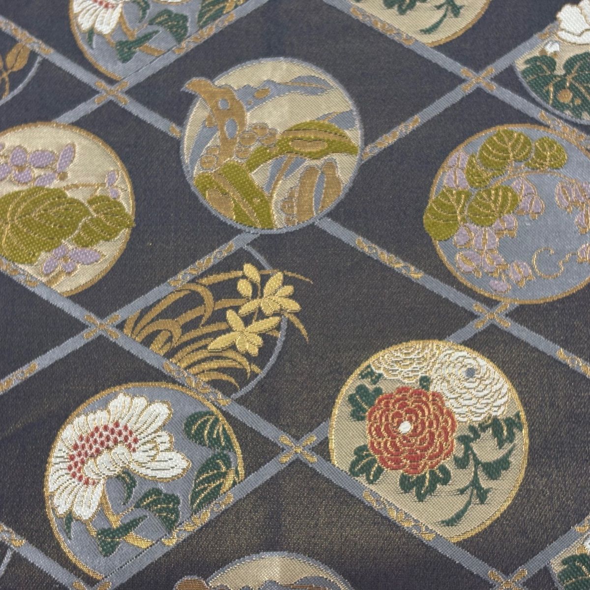 袋帯 草花 菱 金糸 箔 青灰色 全通 正絹