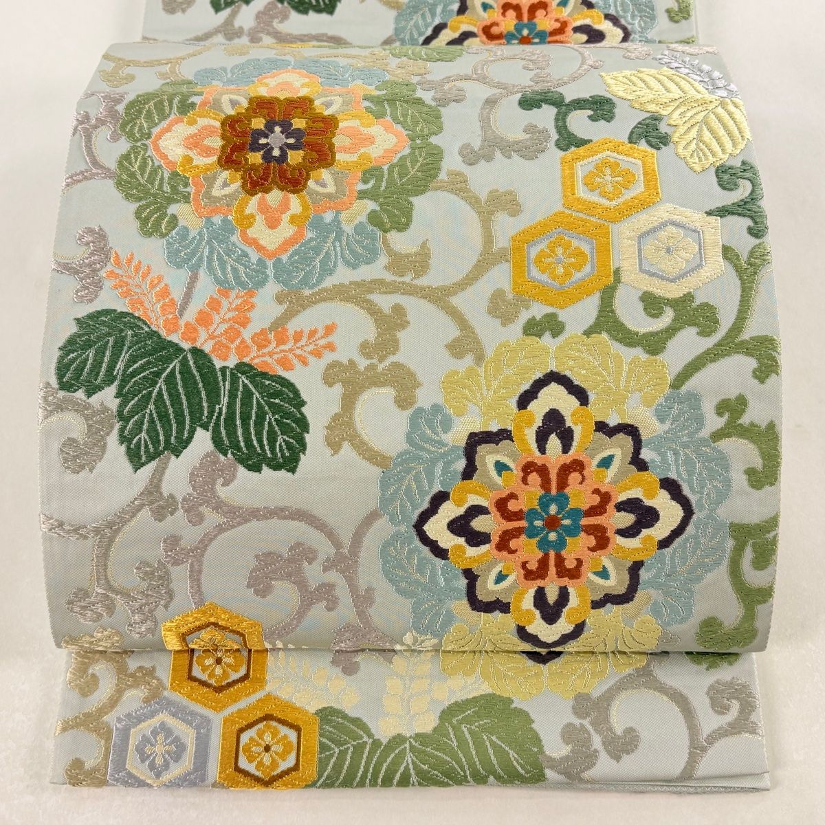 袋帯 華文 桐唐草 慶祥唐織 箔 青灰色 六通 正絹