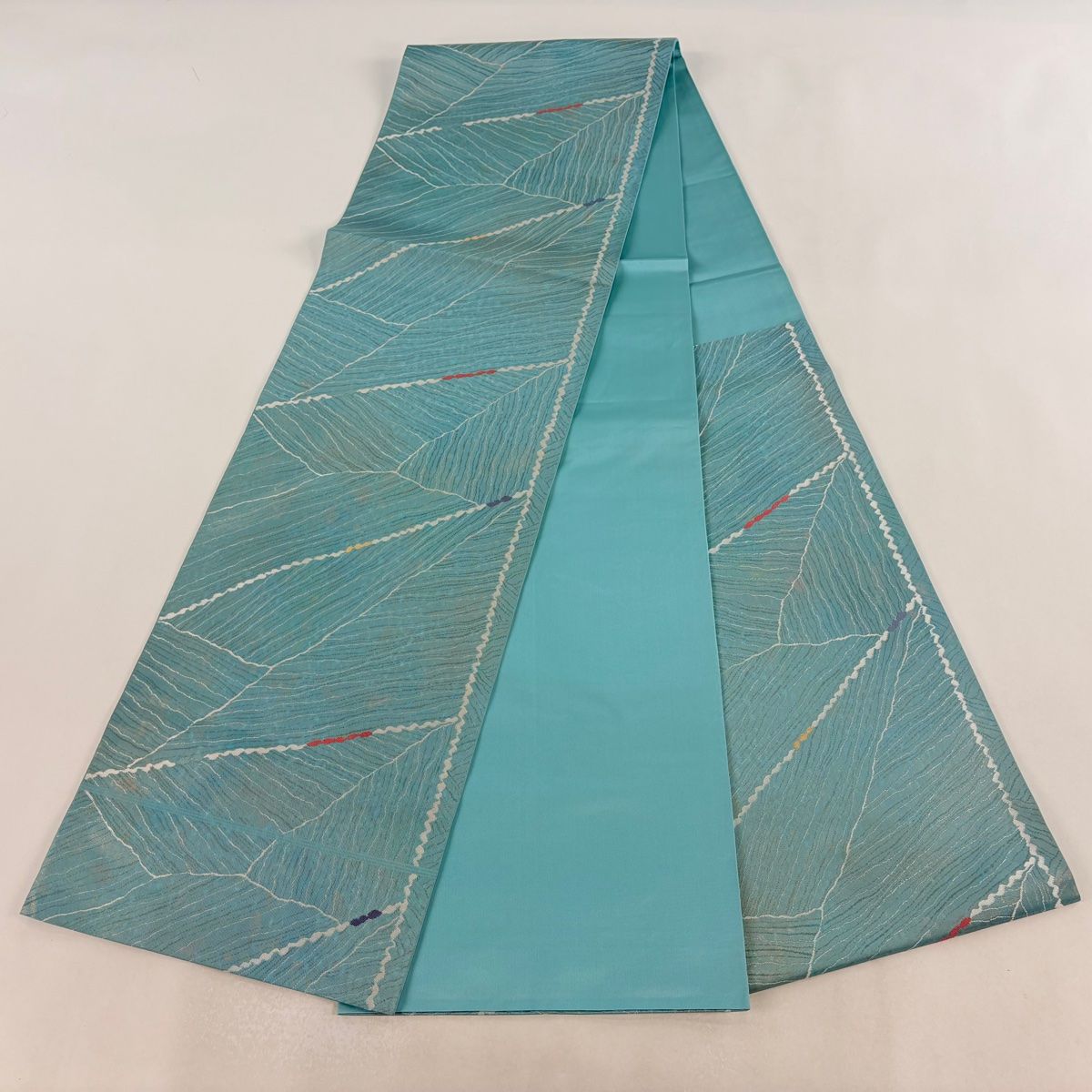 美品】 袋帯 名品 渡文 落款 幾何学模様 箔 薄緑 六通 正絹 【中古