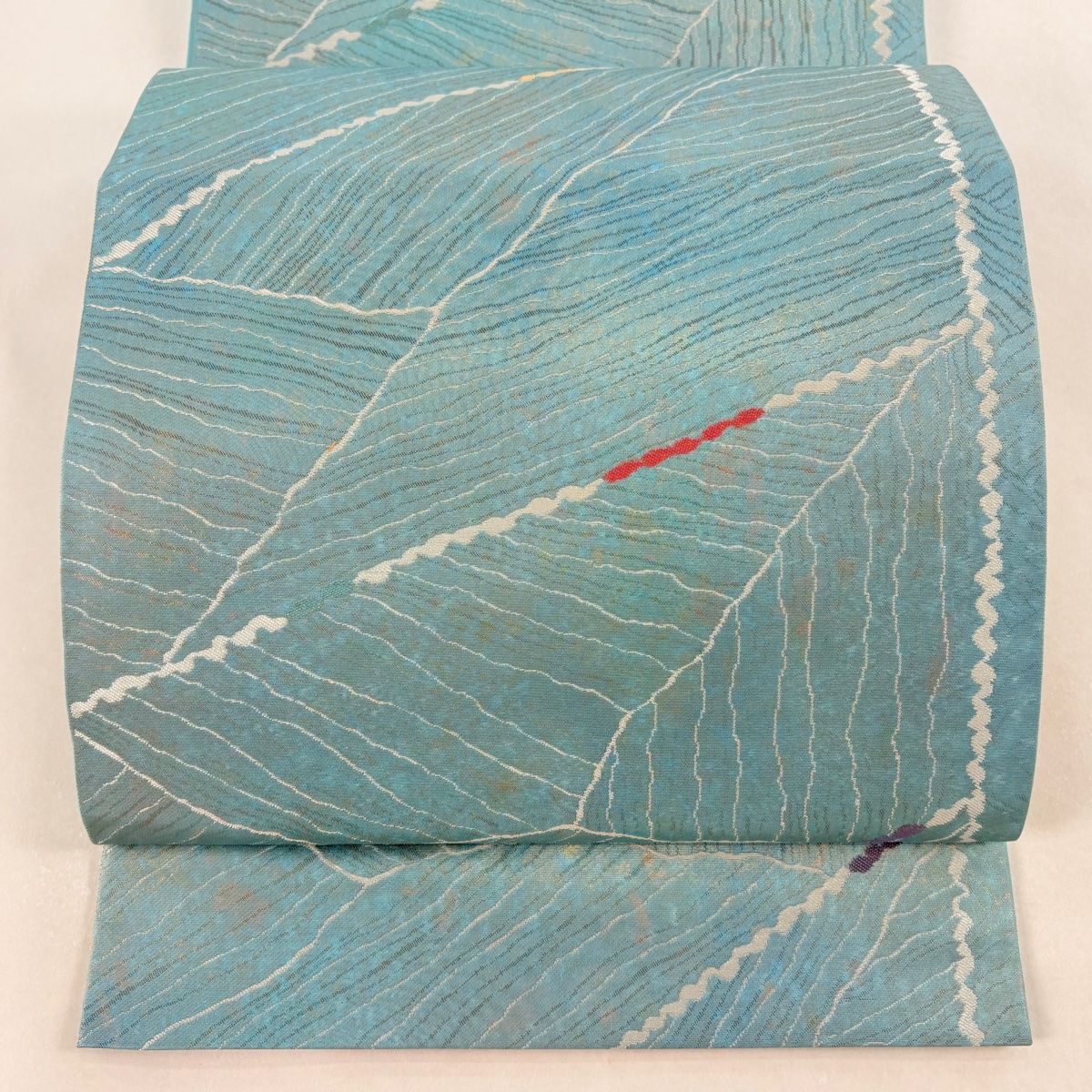 美品】 袋帯 名品 渡文 落款 幾何学模様 箔 薄緑 六通 正絹 【中古