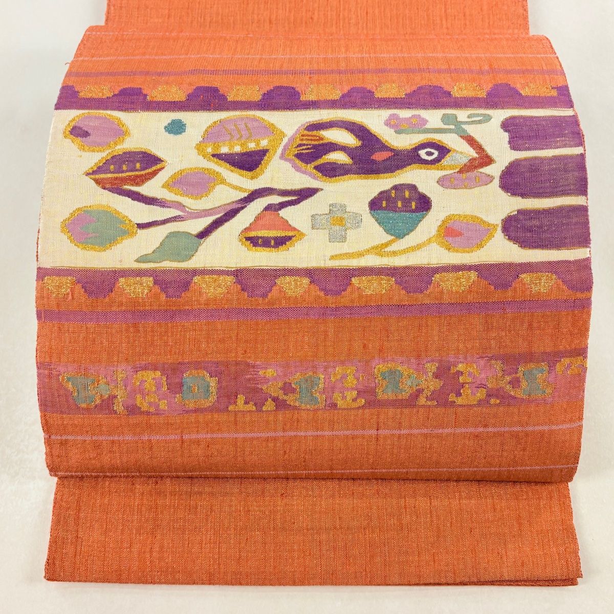 袋帯 帝王紫 落款 花喰い鳥 段縞 金銀糸 綴れ 茜色 お太鼓柄 正絹