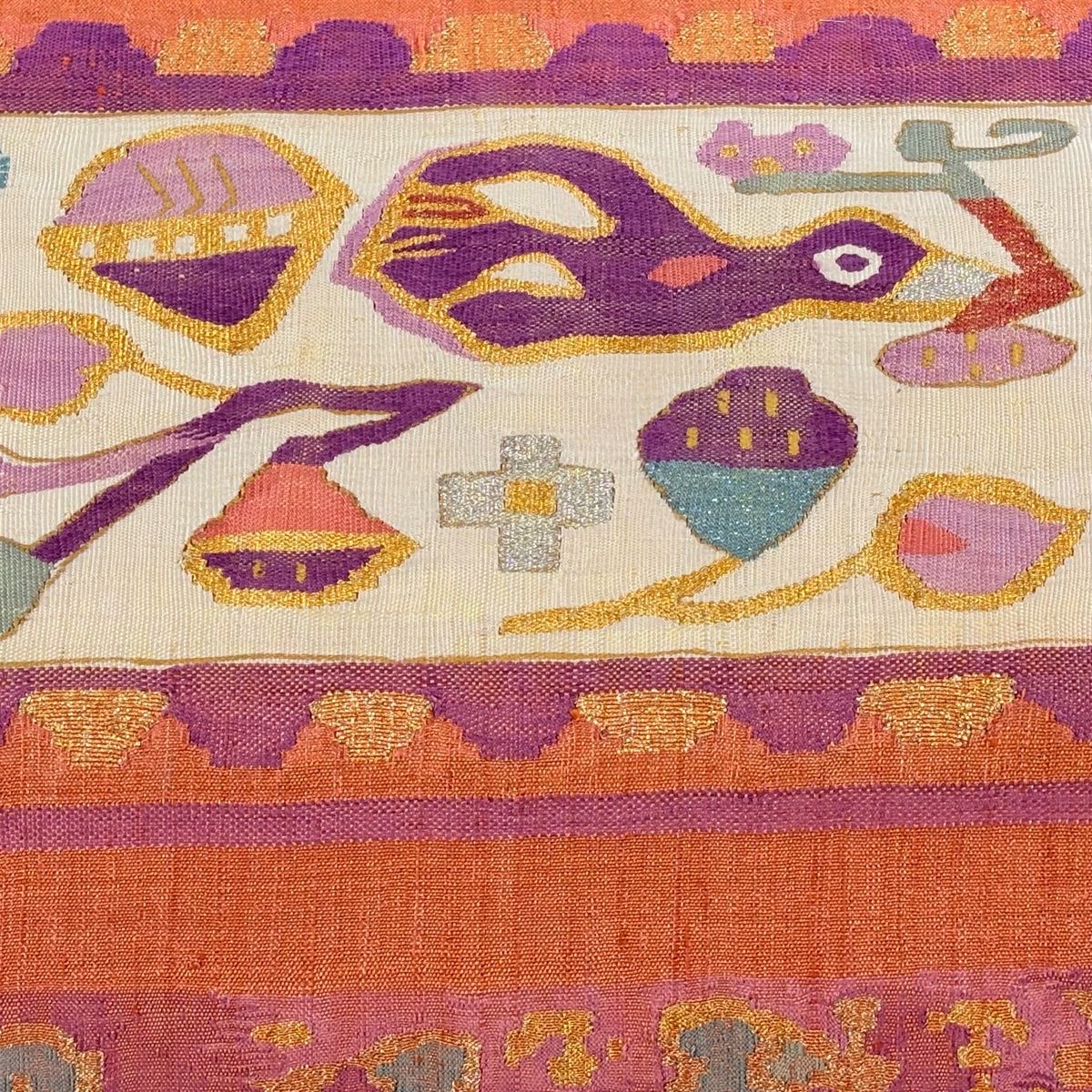 袋帯 帝王紫 落款 花喰い鳥 段縞 金銀糸 綴れ 茜色 お太鼓柄 正絹