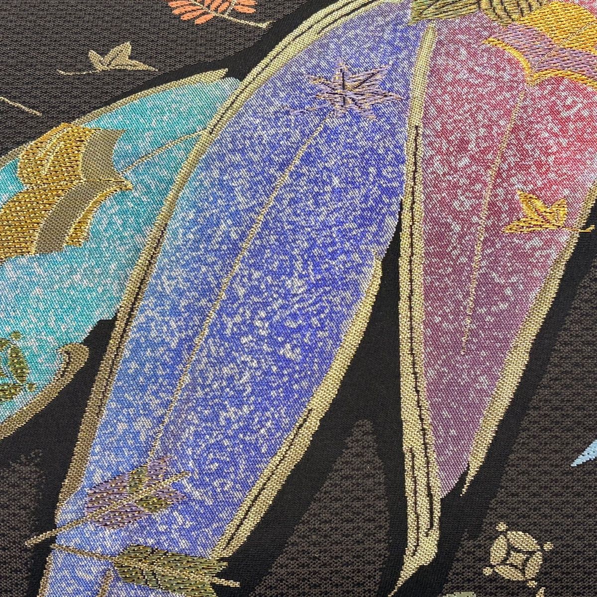 袋帯 草花 宝尽くし 金糸 墨色 六通 正絹