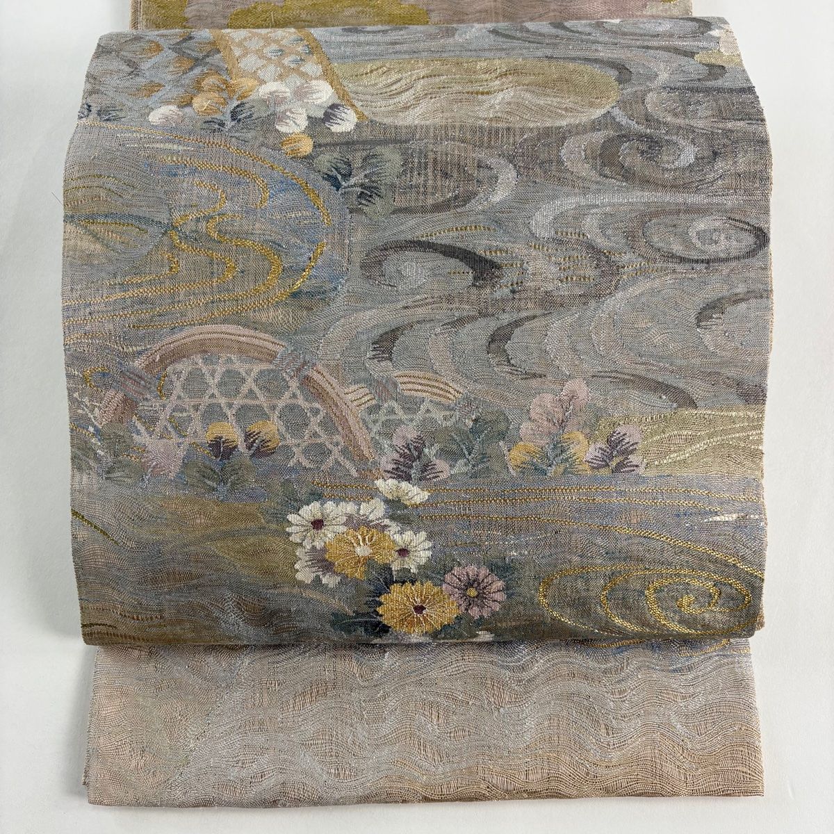 袋帯 秀品 流水 光悦垣 金銀糸 箔 青灰色 お太鼓柄 正絹