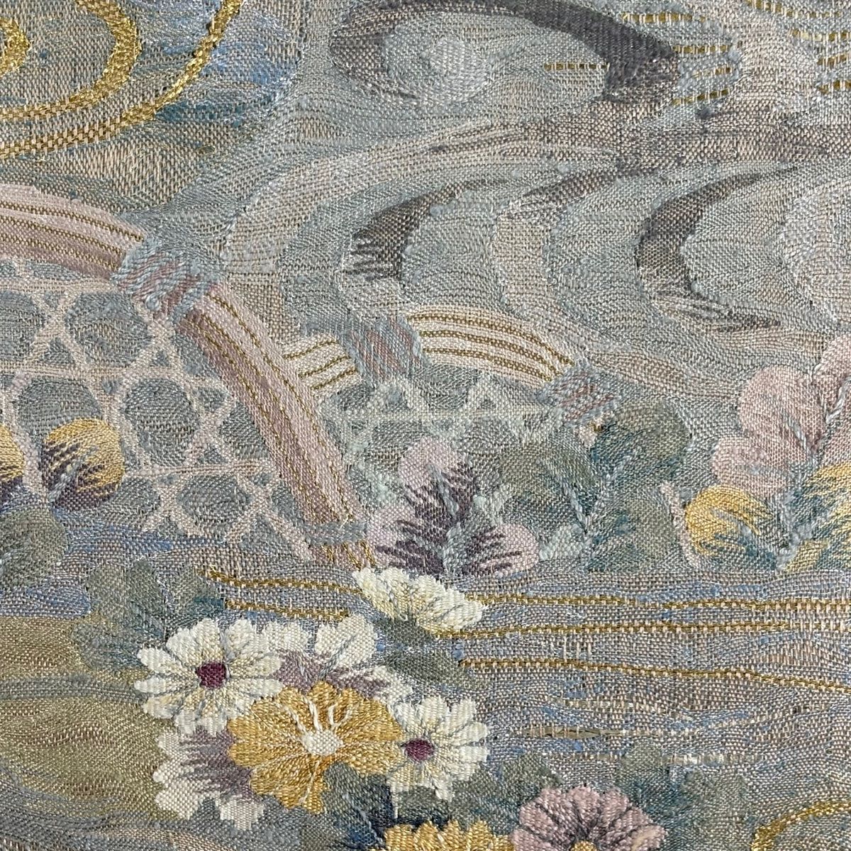 袋帯 秀品 流水 光悦垣 金銀糸 箔 青灰色 お太鼓柄 正絹