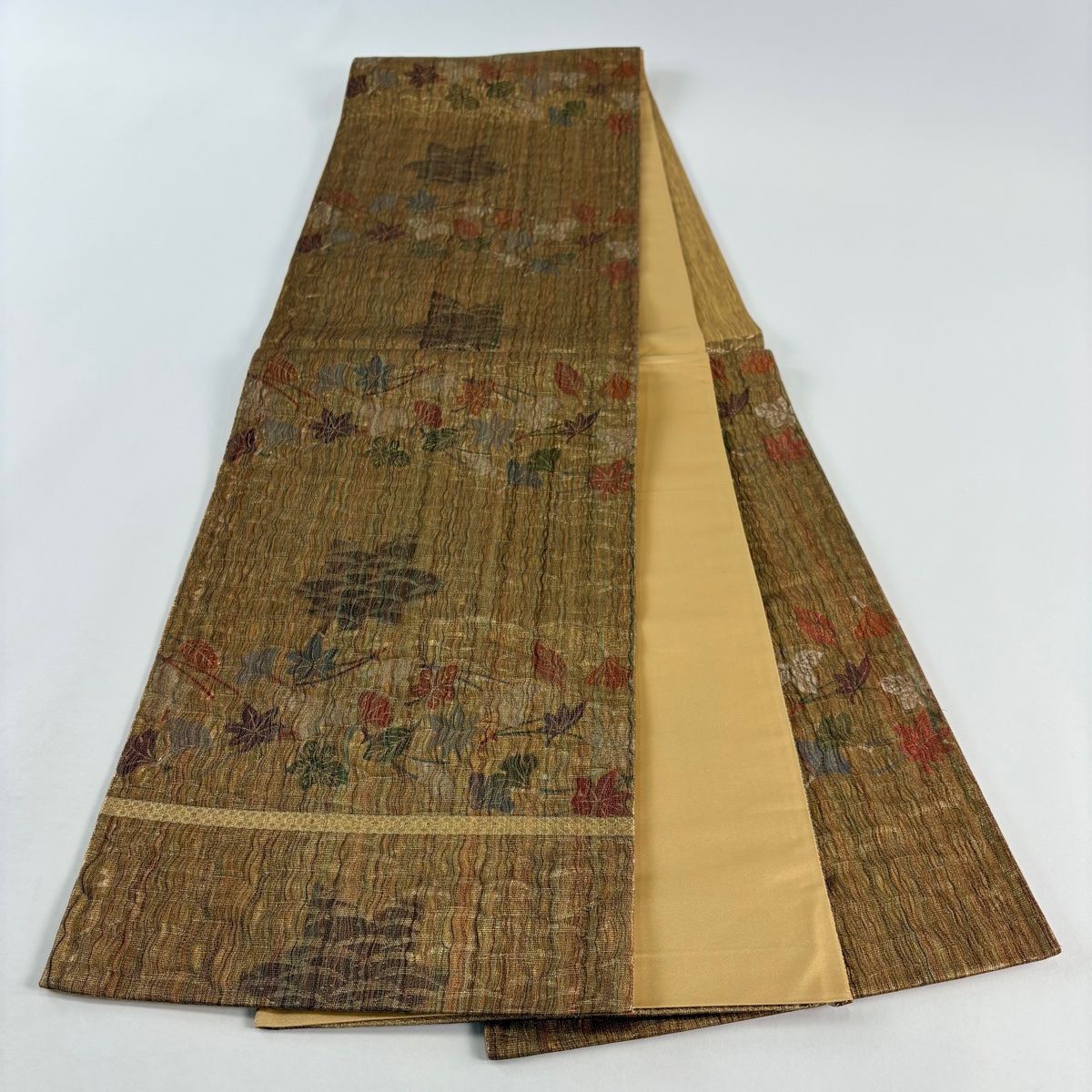  袋帯 秀品 吹き寄せ 芝 箔 金糸 山吹茶色 六通 正絹 袋帯 帯