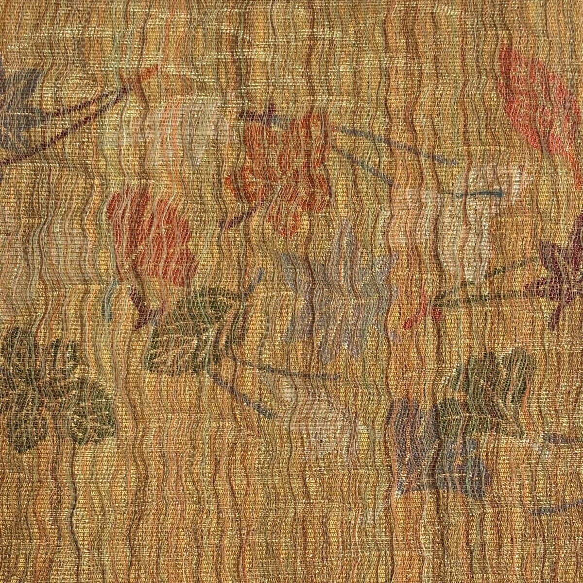 袋帯 秀品 吹き寄せ 芝 箔 金糸 山吹茶色 六通 正絹