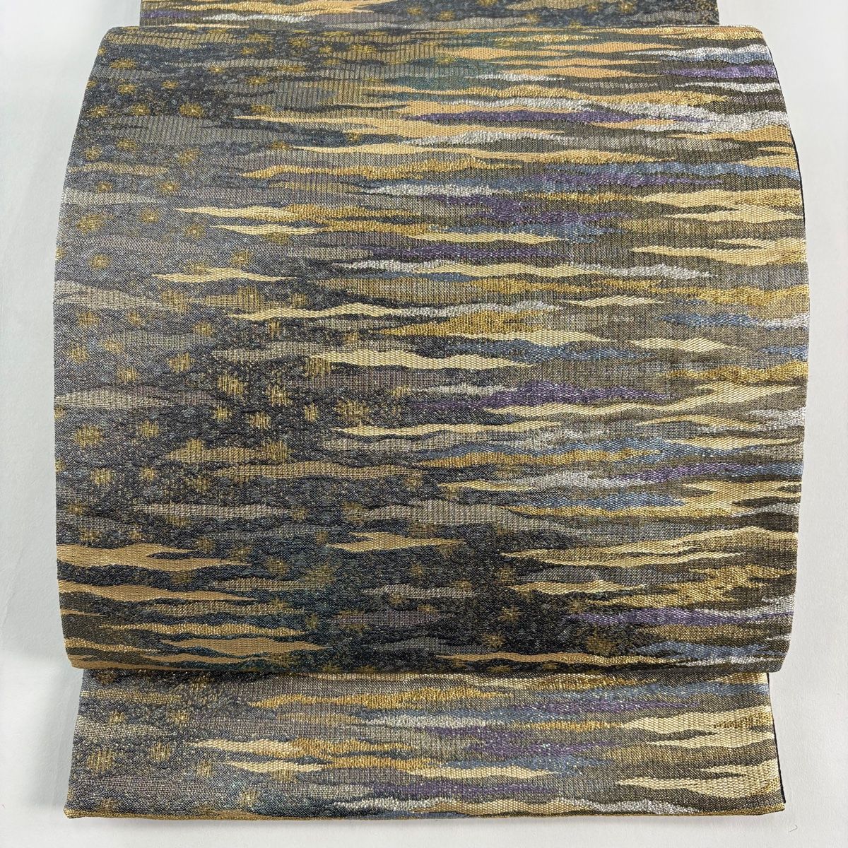 袋帯 秀品 霞 幾何学模様 金銀糸 箔 青緑 六通 正絹