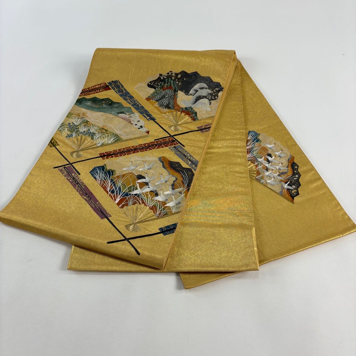 袋帯 秀品 扇 鶴 刺繍 金糸 金色 お太鼓柄 正絹 【中古】 - メルカリ
