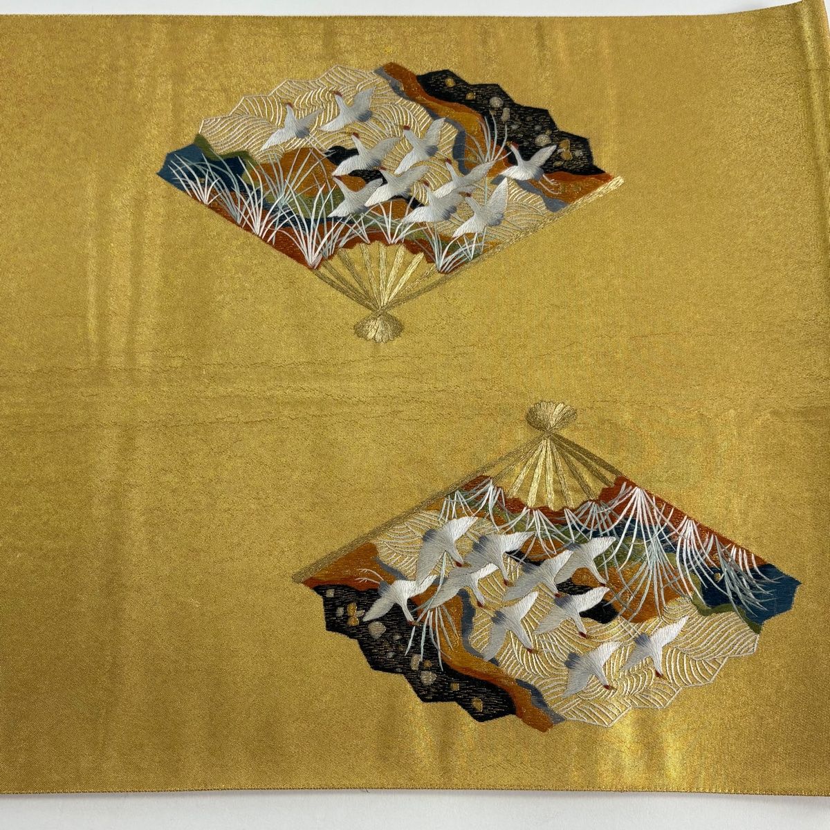 袋帯 秀品 扇 鶴 刺繍 金糸 金色 お太鼓柄 正絹 【中古】 - メルカリ