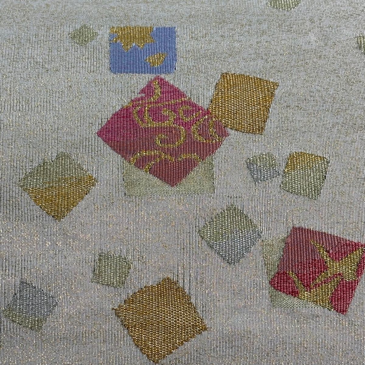 袋帯 秀品 色紙 鳥 金銀糸 箔 クリーム お太鼓柄 正絹