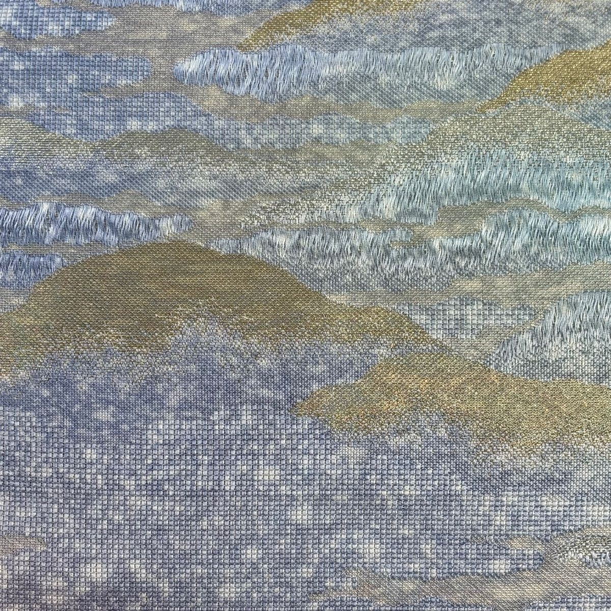 袋帯 秀品 山並み 霞 金銀糸 薄紫 全通 正絹