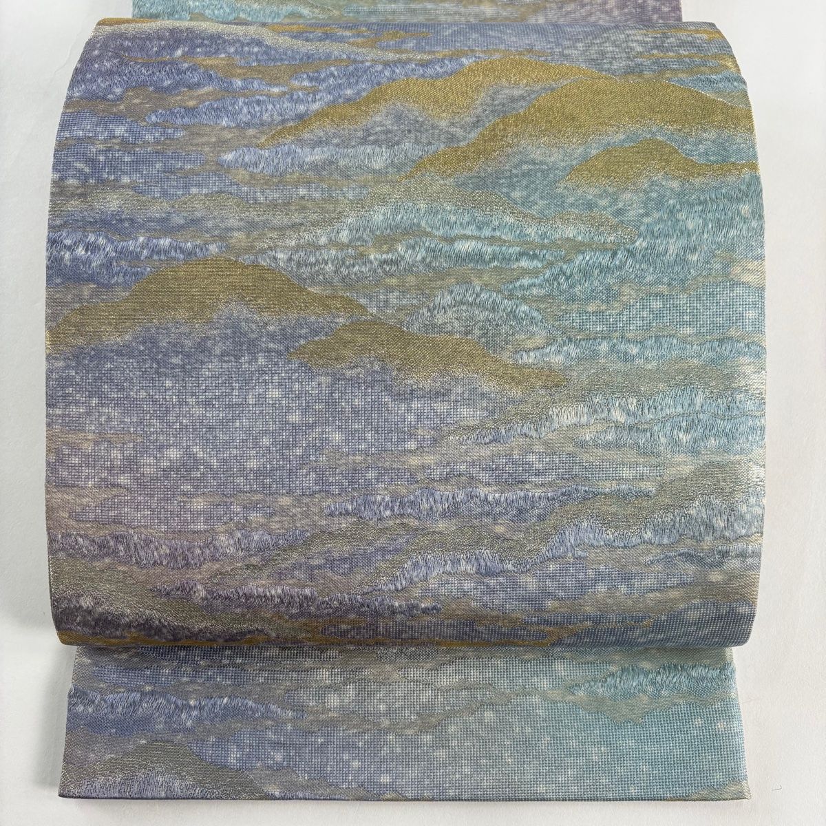 袋帯 秀品 山並み 霞 金銀糸 薄紫 全通 正絹