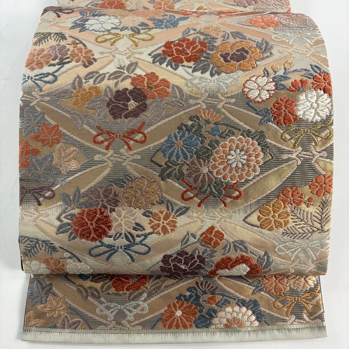 袋帯 秀品 関西仕立て 山城機業 草花 若松 箔 金銀糸 灰緑 六通 正絹