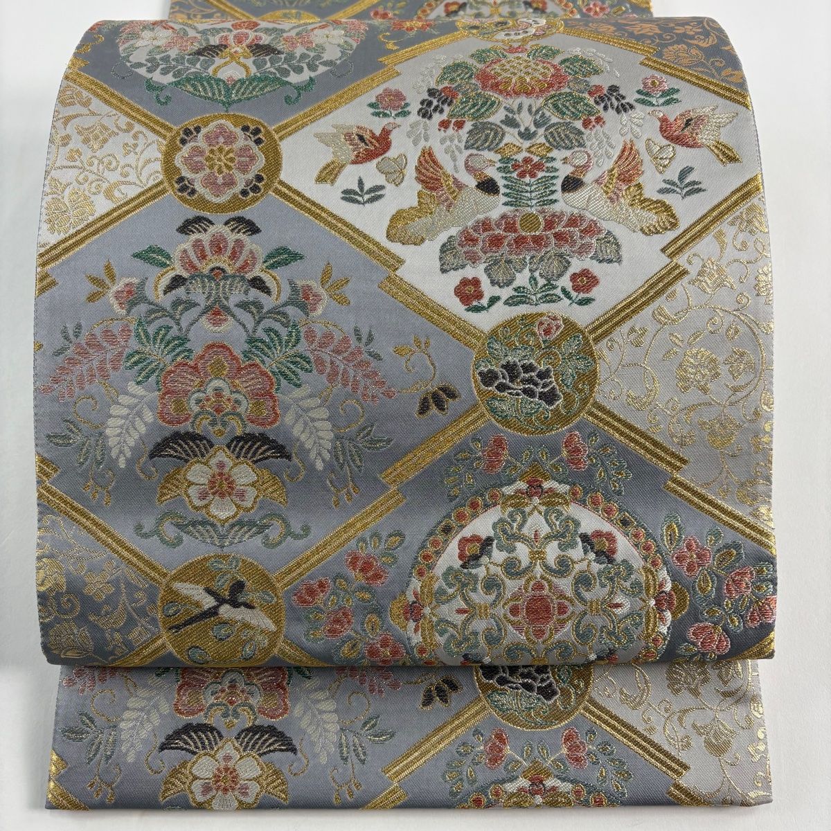 袋帯 秀品 朱雀錦 向かい鳥 華文 金糸 箔 灰色 六通 正絹