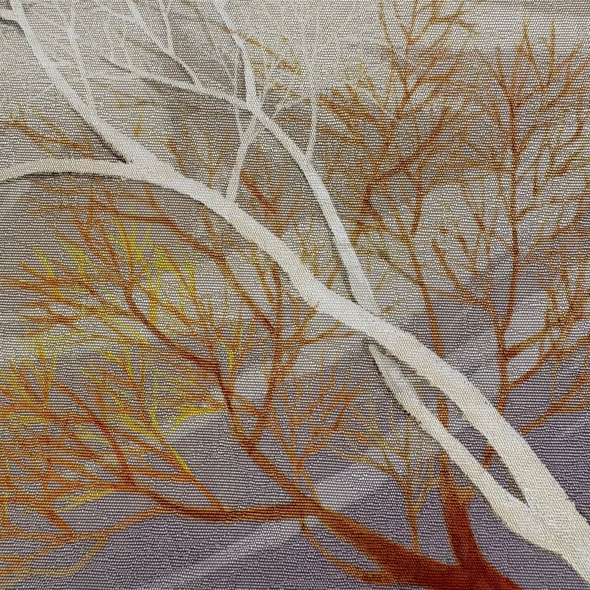 袋帯 秀品 風景 樹木 金糸 薄茶色 お太鼓柄 正絹