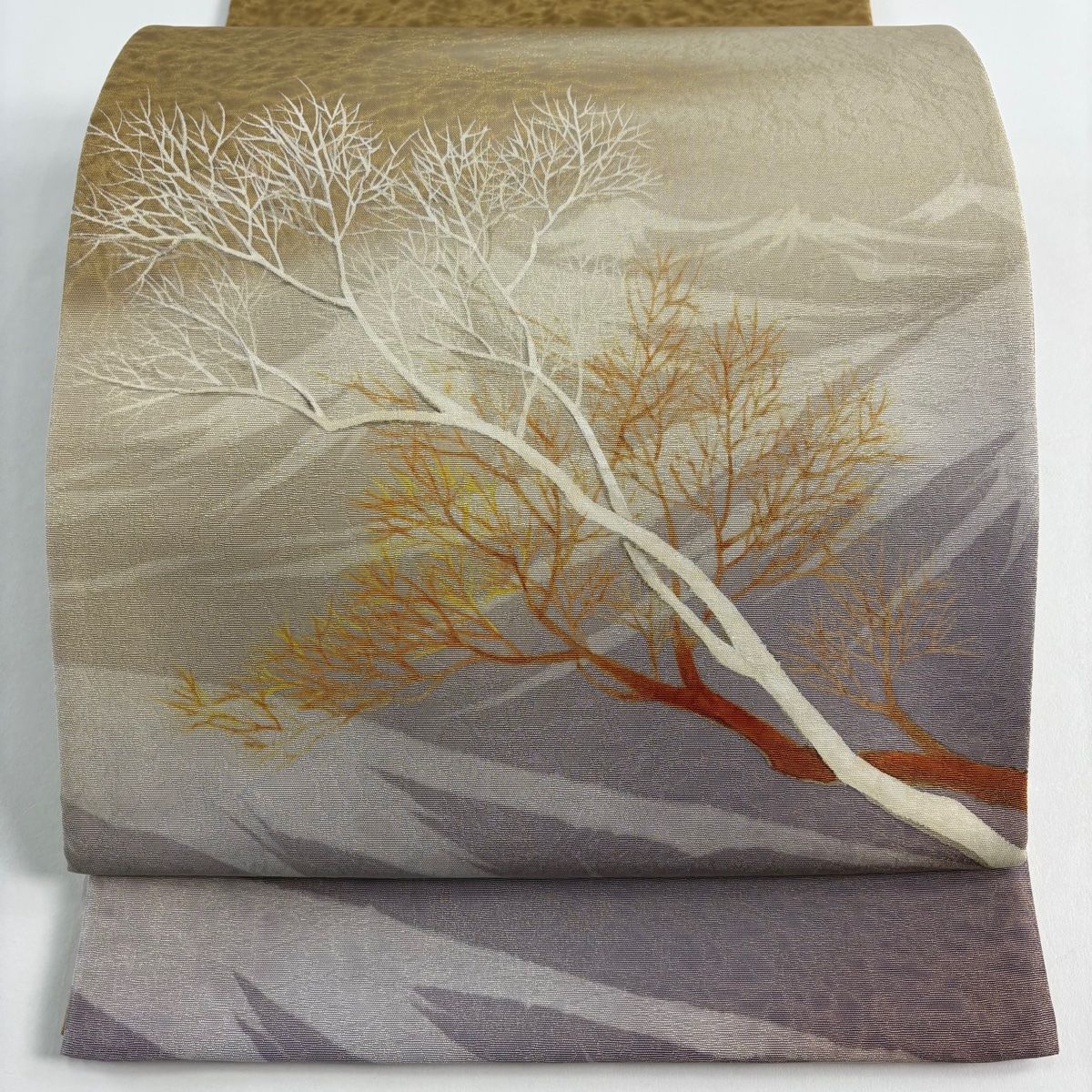 袋帯 秀品 風景 樹木 金糸 薄茶色 お太鼓柄 正絹