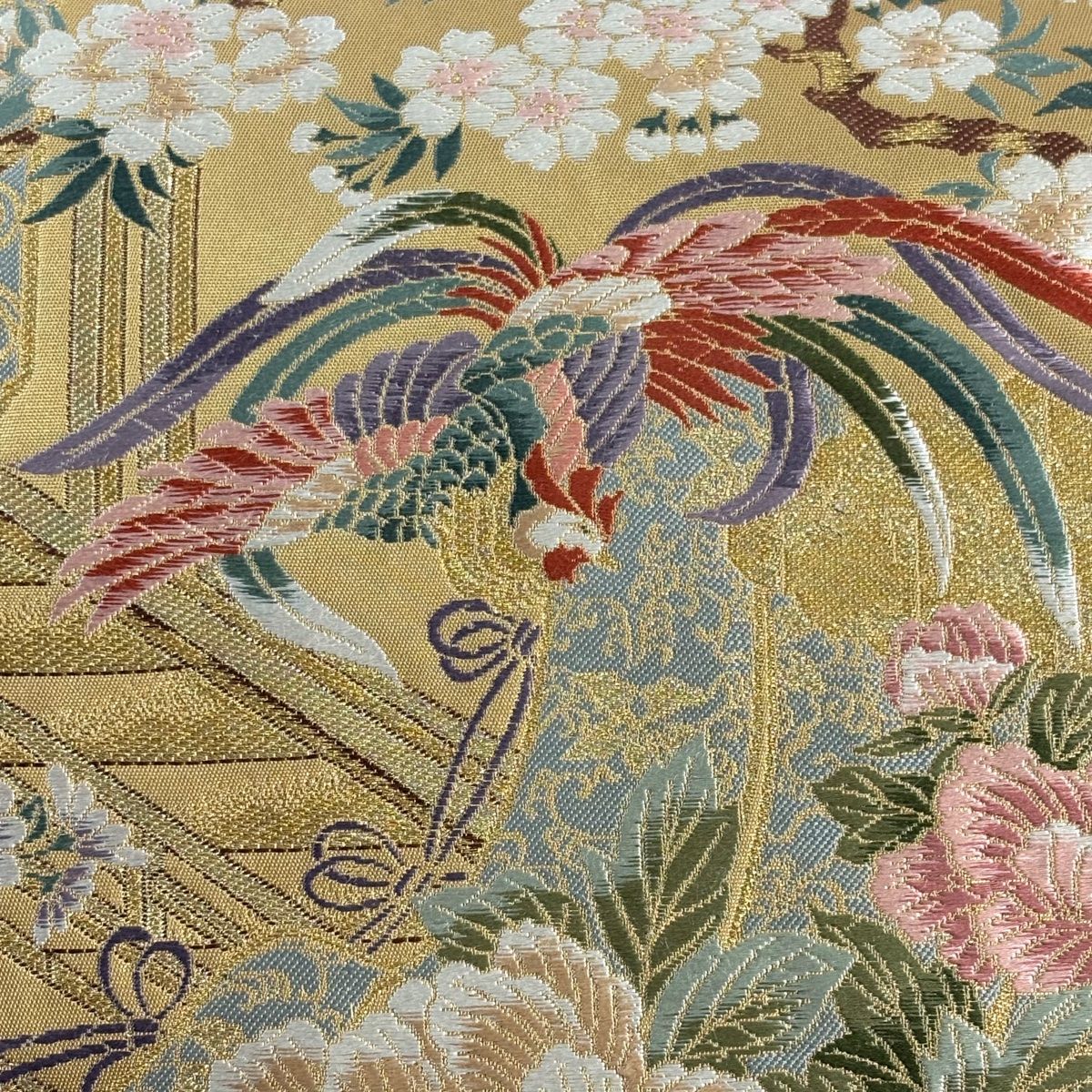 袋帯 秀品 関西仕立て 草花 鳥 金糸 箔 金色 お太鼓柄 正絹