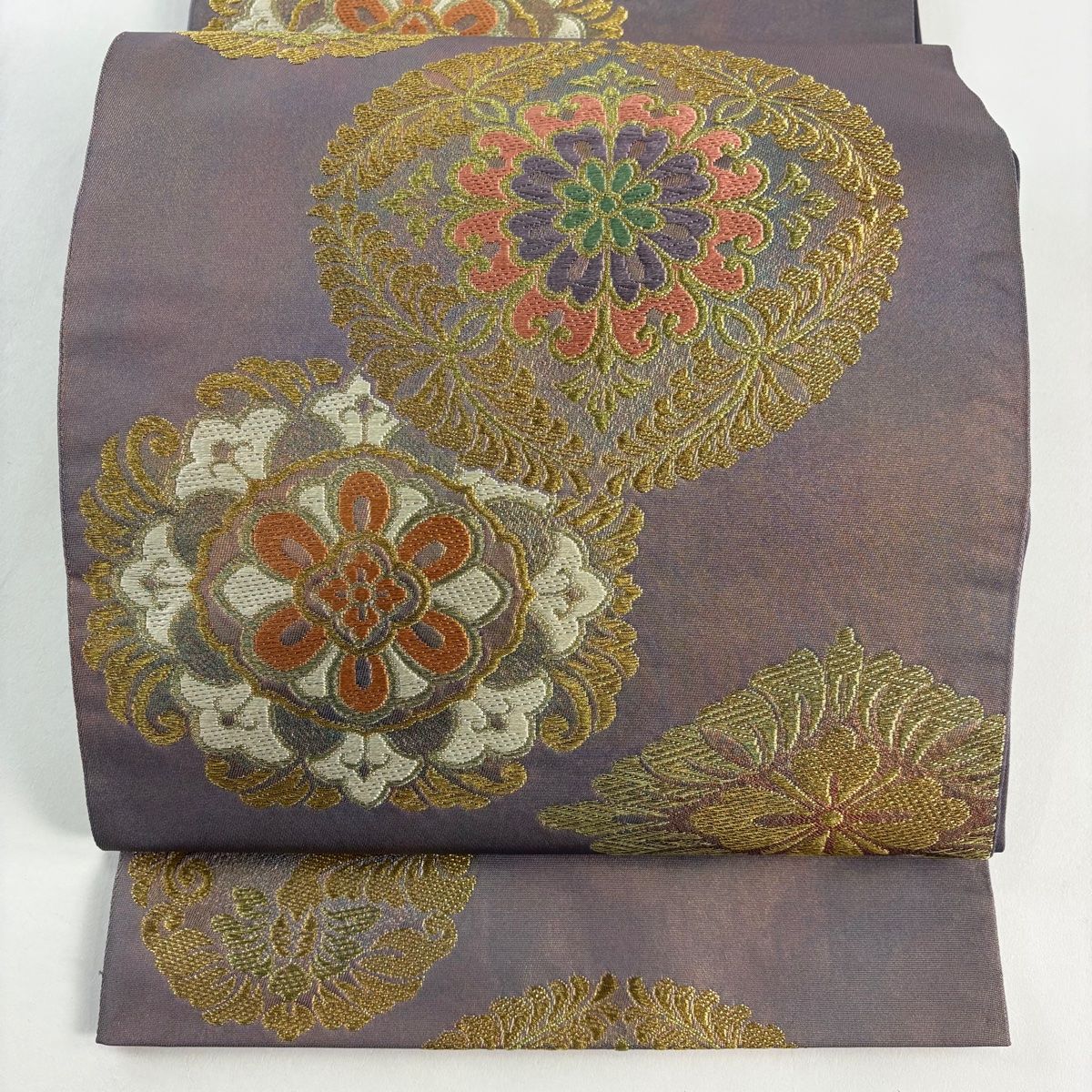 袋帯 秀品 華文 花菱 金糸 箔 紫 六通 正絹