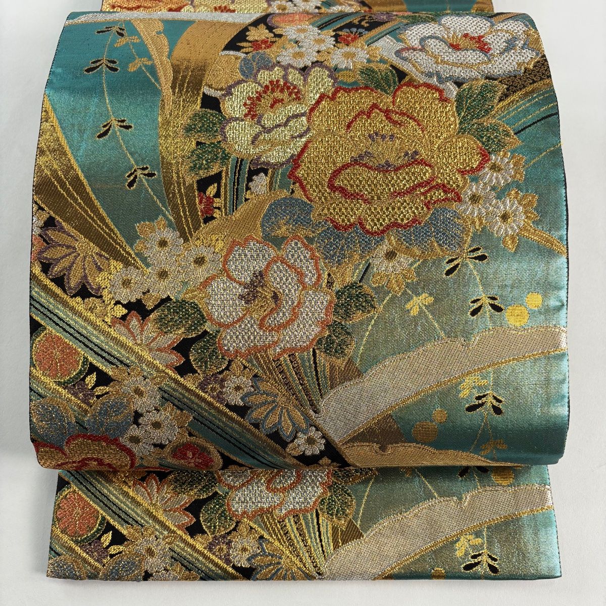 袋帯 秀品 草花 雪芝 金糸 箔 緑 六通 正絹