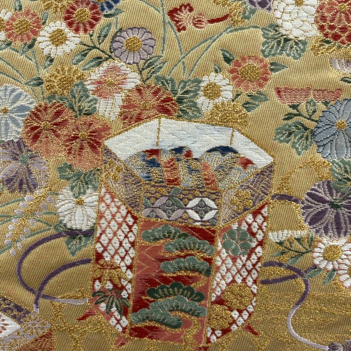 袋帯 秀品 関西仕立て 貝桶 蝶 金糸 箔 金色 六通 正絹