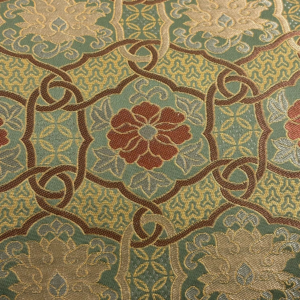 袋帯 秀品 落款 あらいそ 花唐草 七宝 箔 よもぎ色 全通 正絹