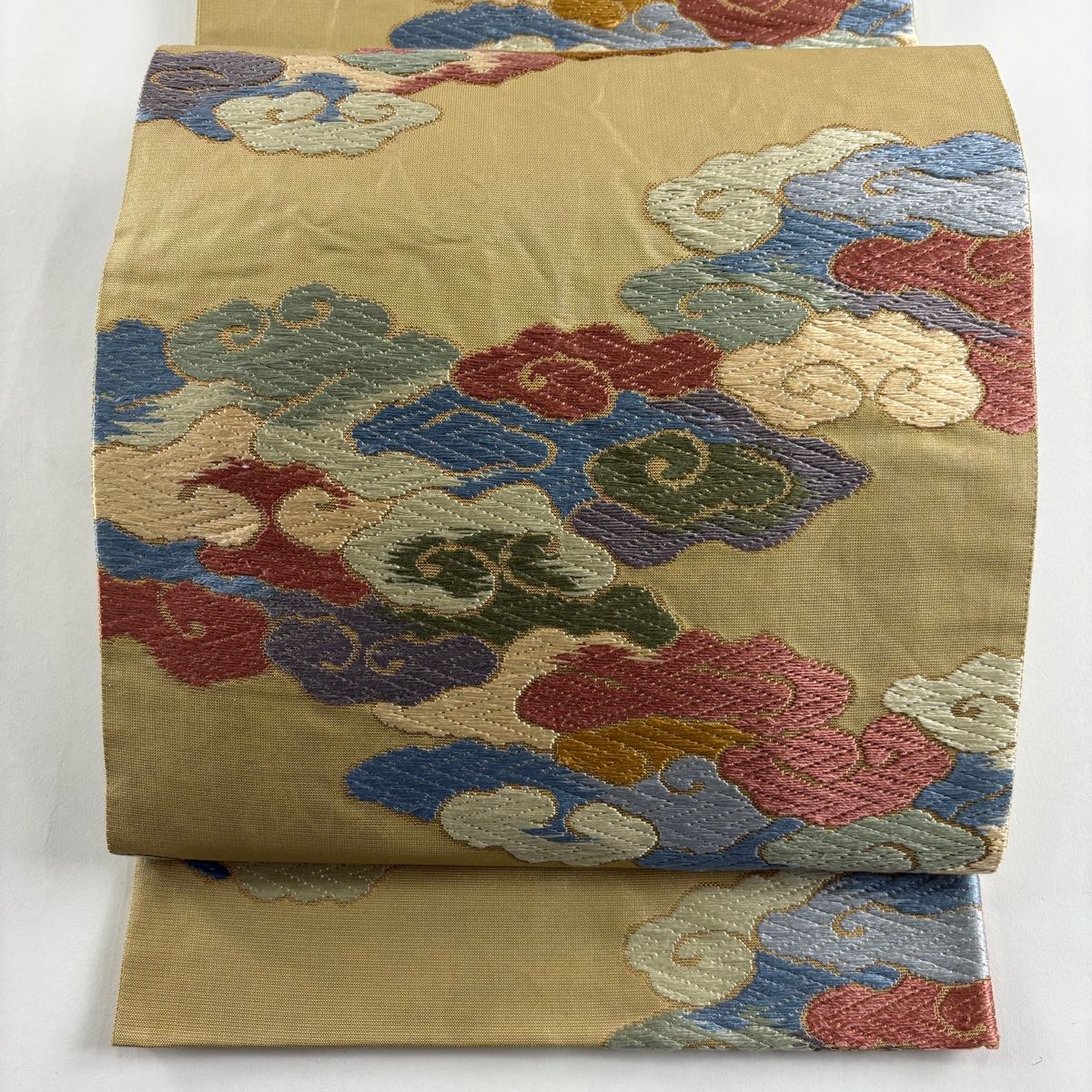 袋帯 秀品 雲文 唐織 箔 ベージュ 六通 正絹