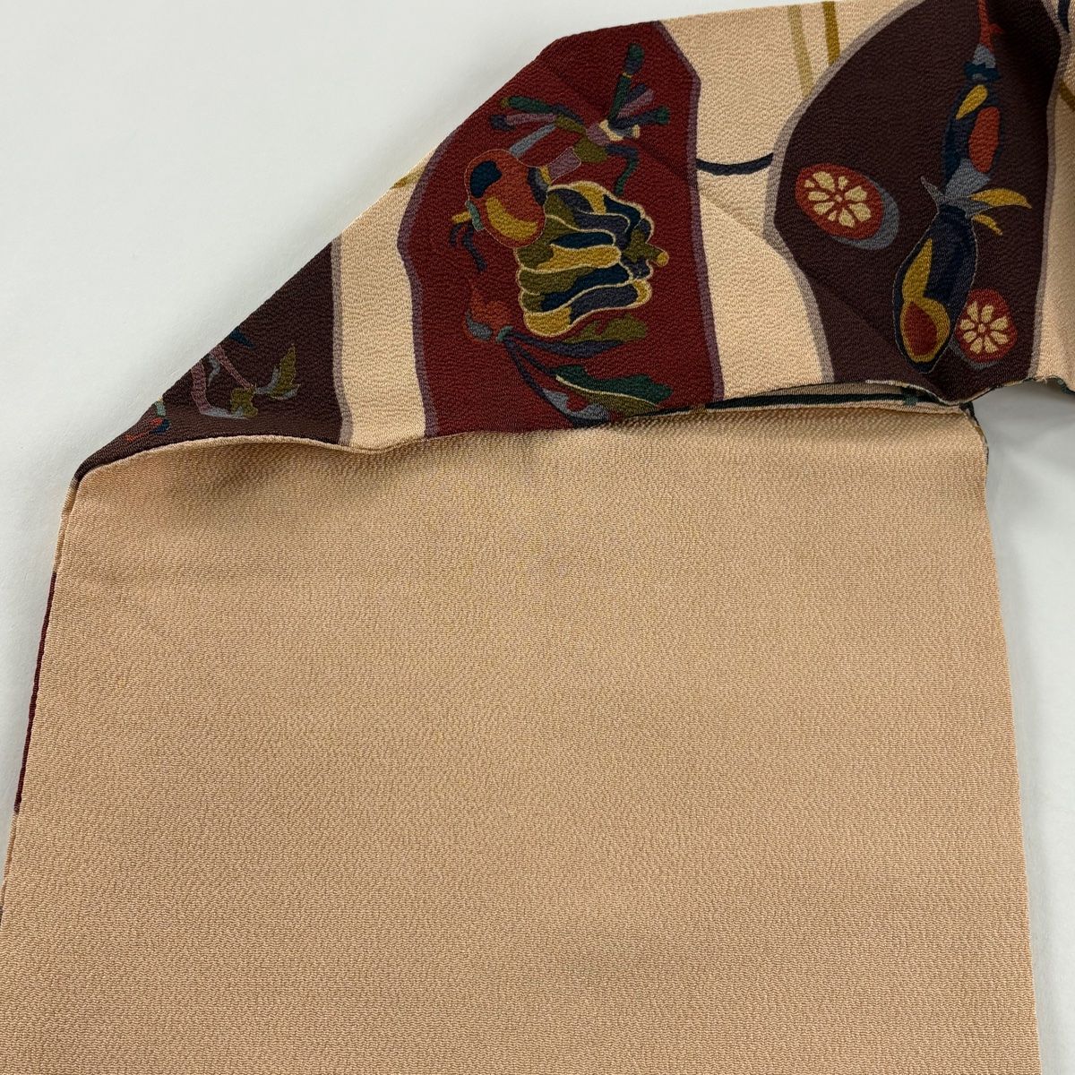 美品】 名古屋帯 秀品 野菜 魚 金彩 縮緬 薄オレンジ 正絹 【中古