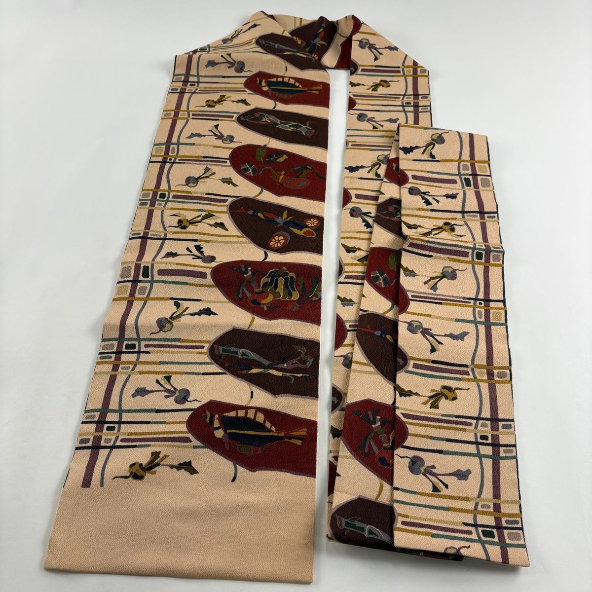 美品】 名古屋帯 秀品 野菜 魚 金彩 縮緬 薄オレンジ 正絹 【中古