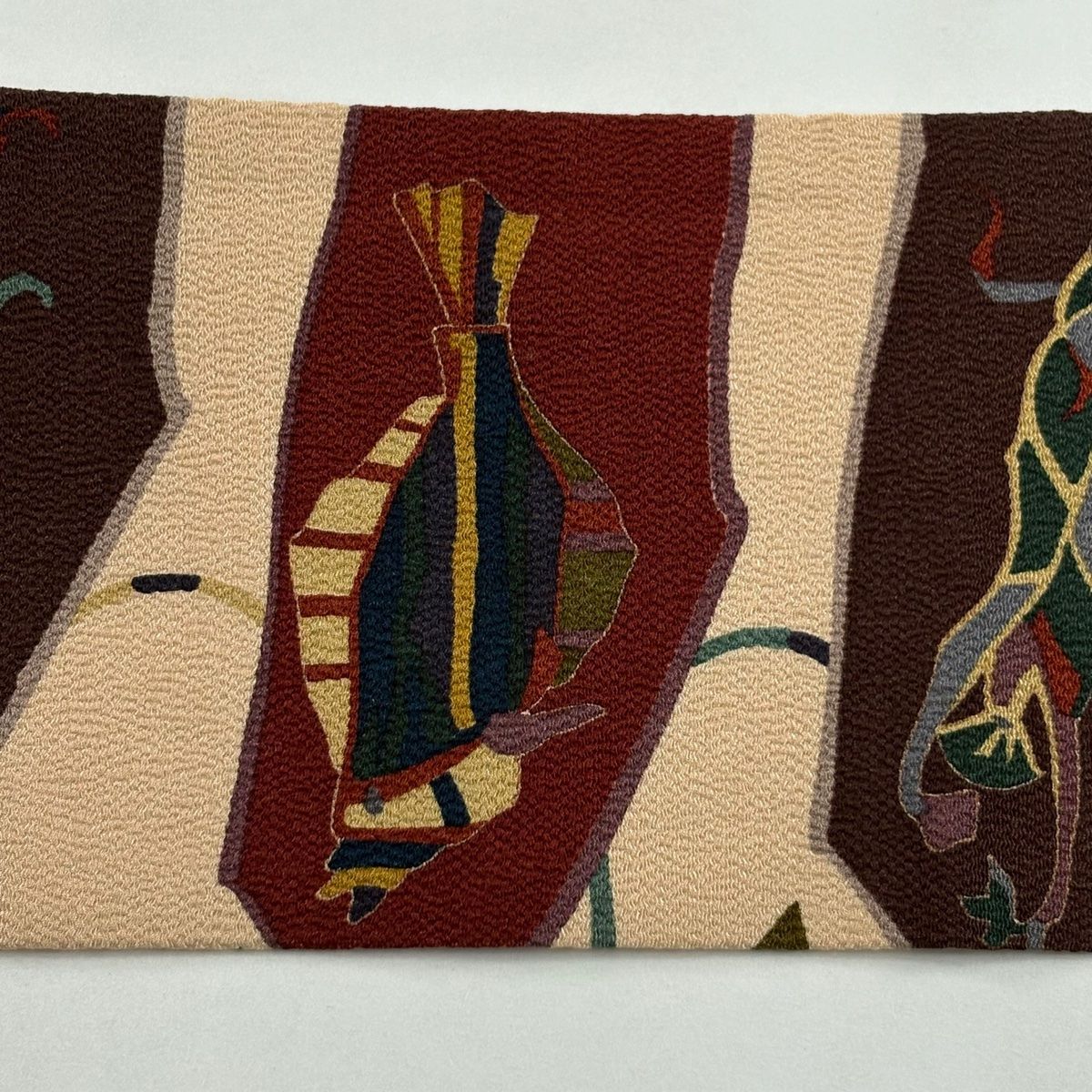 美品】 名古屋帯 秀品 野菜 魚 金彩 縮緬 薄オレンジ 正絹 【中古