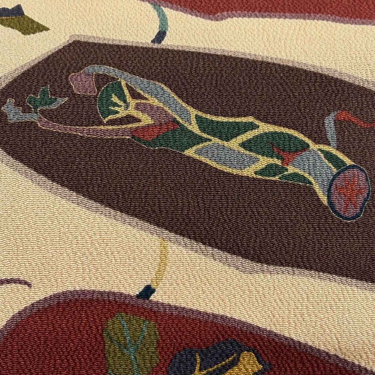 美品】 名古屋帯 秀品 野菜 魚 金彩 縮緬 薄オレンジ 正絹 【中古