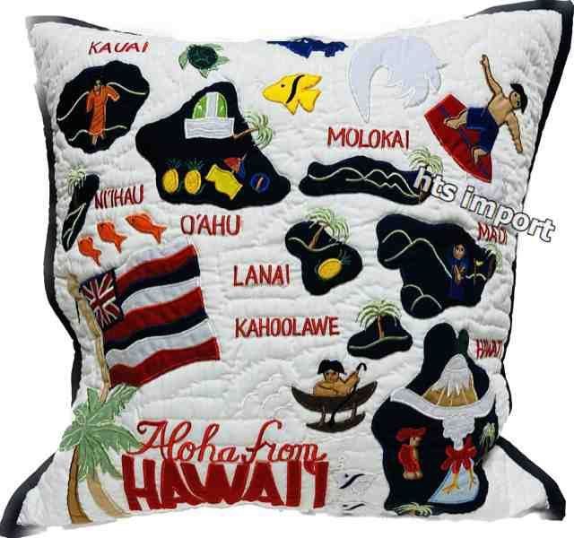 クッションカバー ハワイアンキルト アイランド ホワイト×ネイビーブルー Hawaii 品 ハワイ ラスト1点