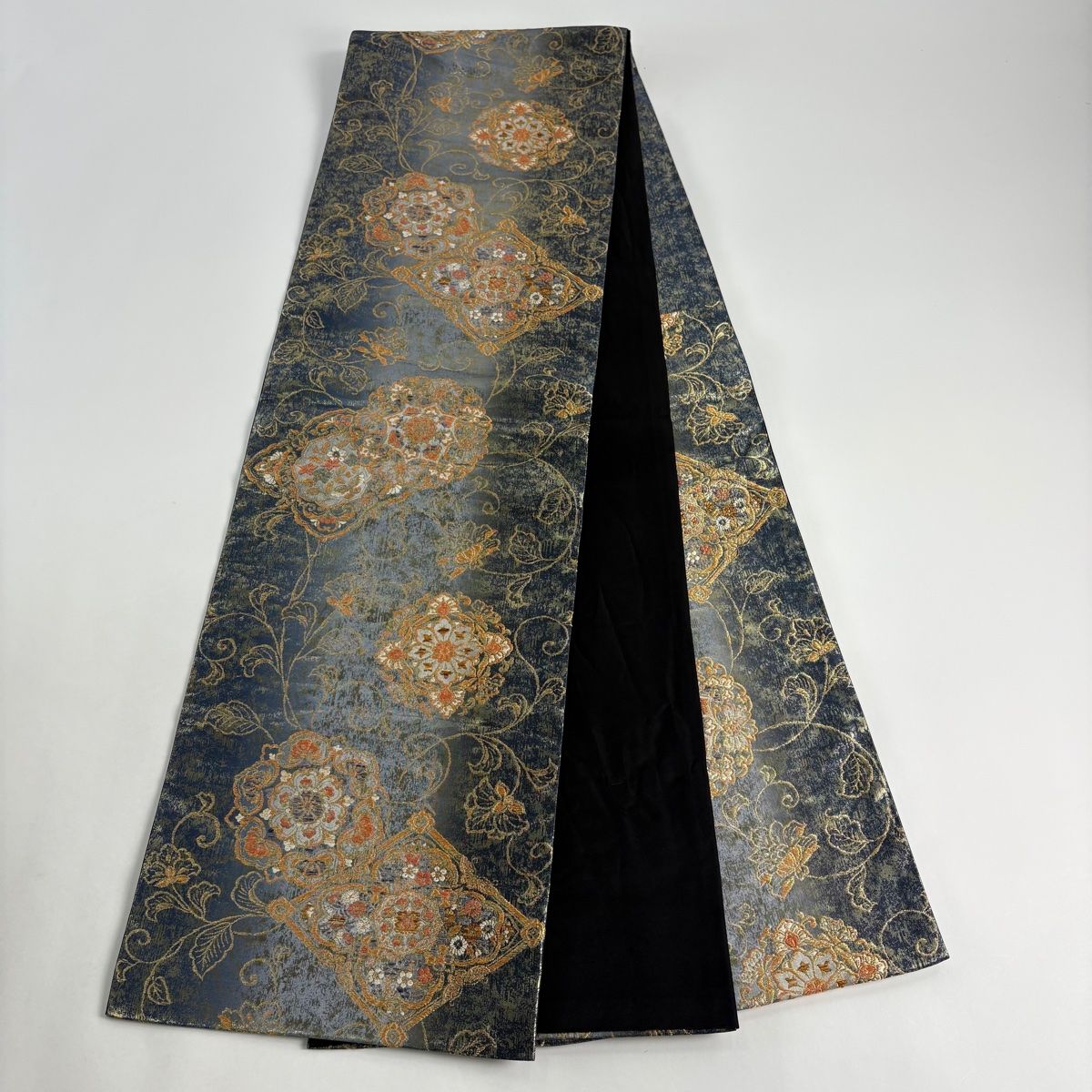 袋帯 秀品 正倉院唐花菱華文 箔 金糸 青灰色 六通 正絹 【中古