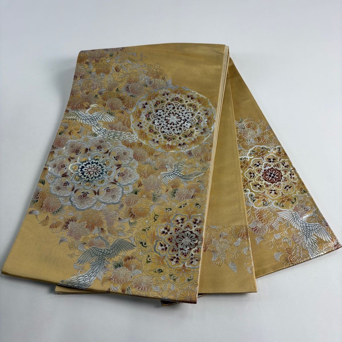  袋帯 秀品 華文 花鳥 金銀彩 箔 金色 お太鼓柄 正絹 袋帯 帯