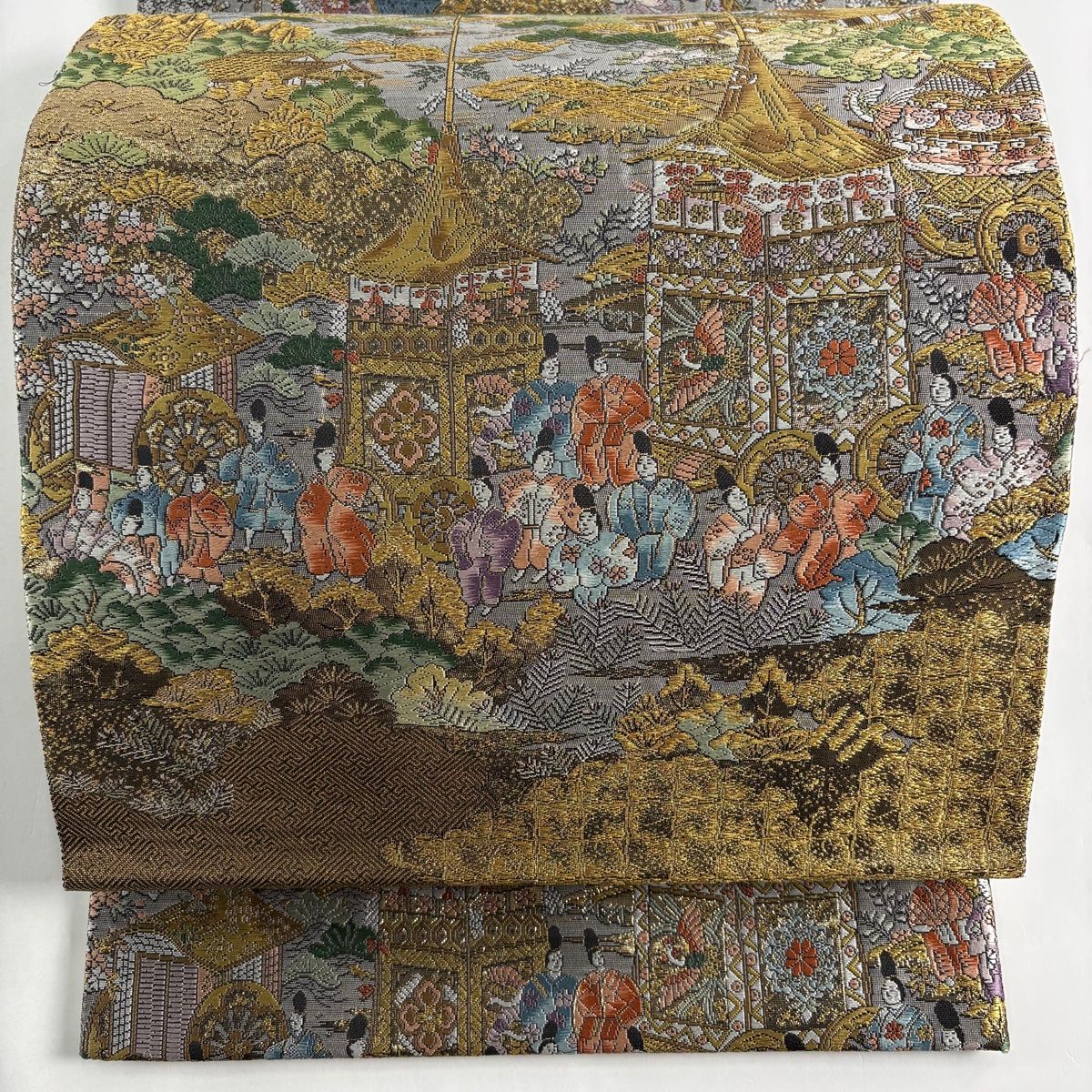 美品】 袋帯 秀品 弐拾四金箔使用 京洛祇園祭還幸絵巻 金糸 唐織 灰色
