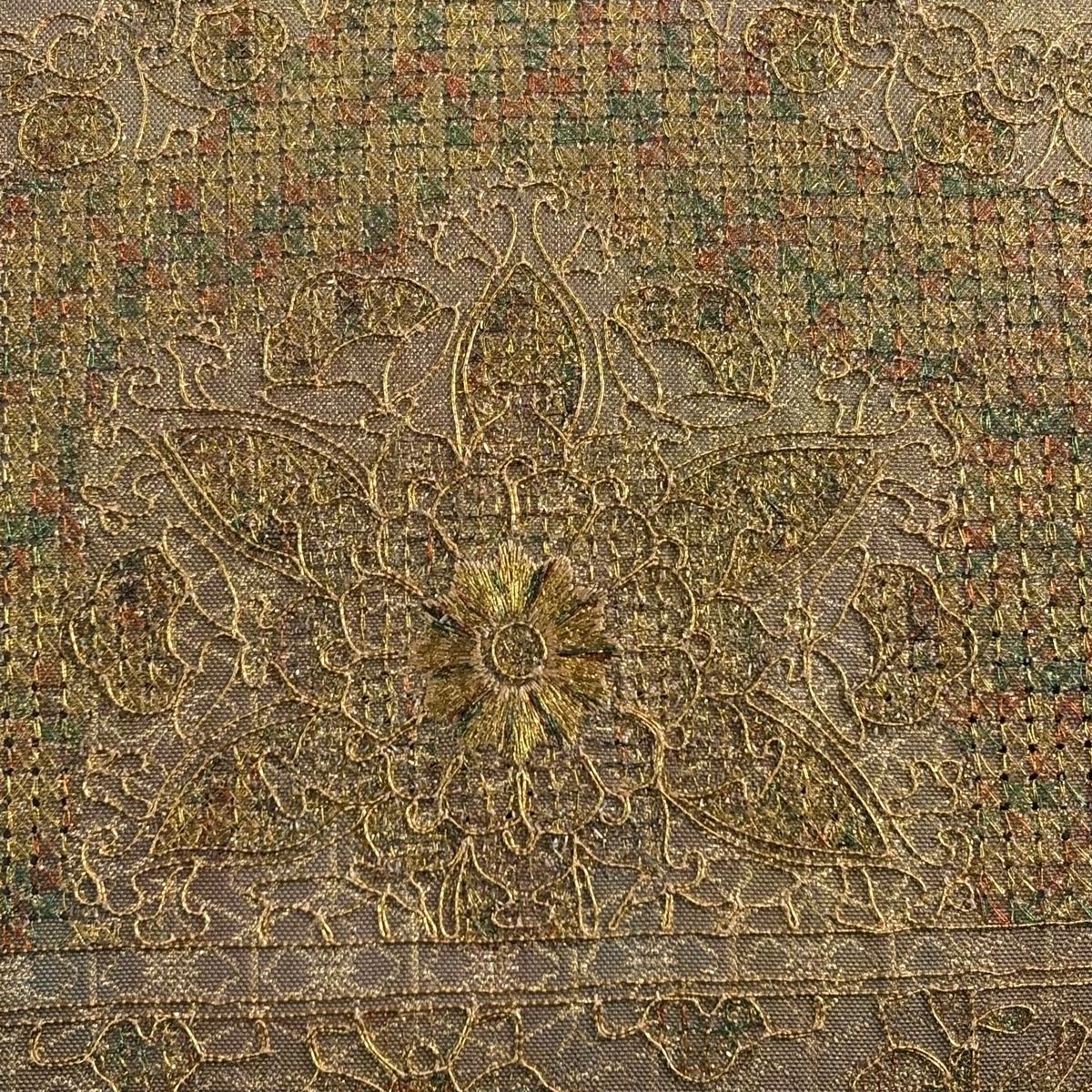 袋帯 秀品 華文 花 金糸 箔 薄オレンジ お太鼓柄 正絹