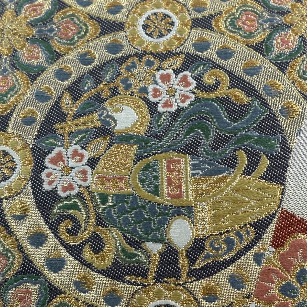 袋帯 秀品 色紙 花鳥 金糸 箔 灰色 六通 正絹