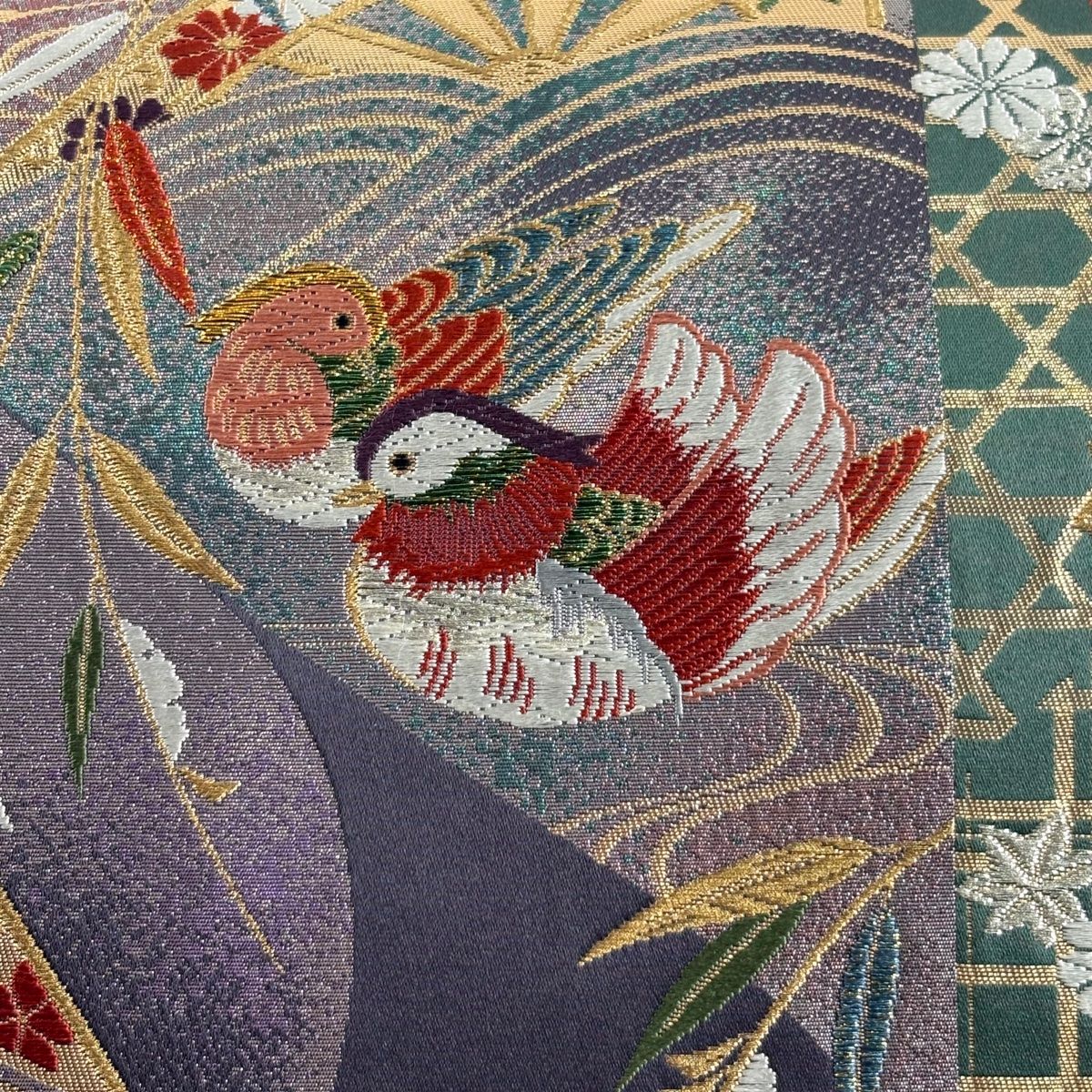 袋帯 秀品 鴛鴦 片輪車 唐織 箔 濃紫 六通 正絹