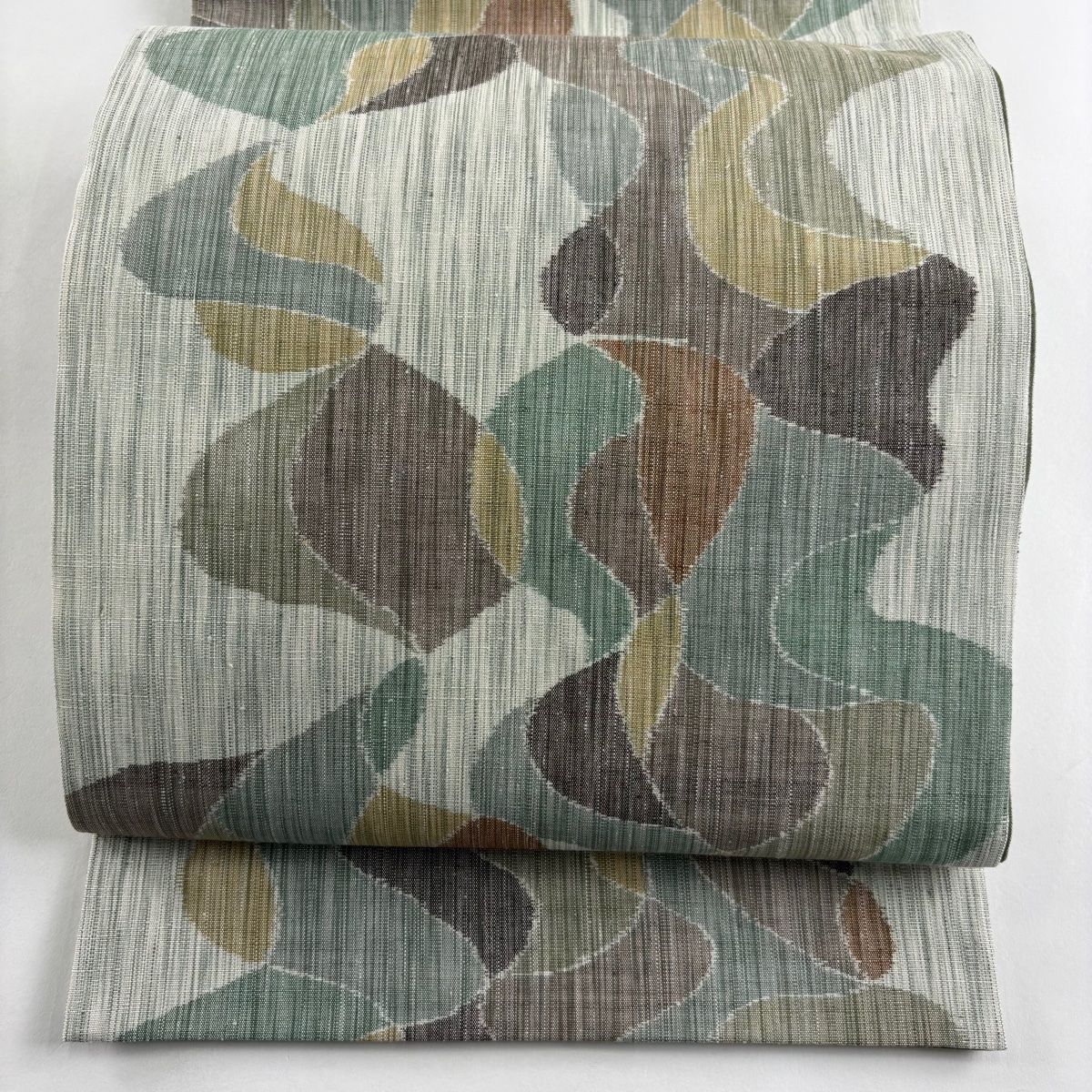 袋帯 秀品 紬地 幾何学 灰緑 全通 正絹