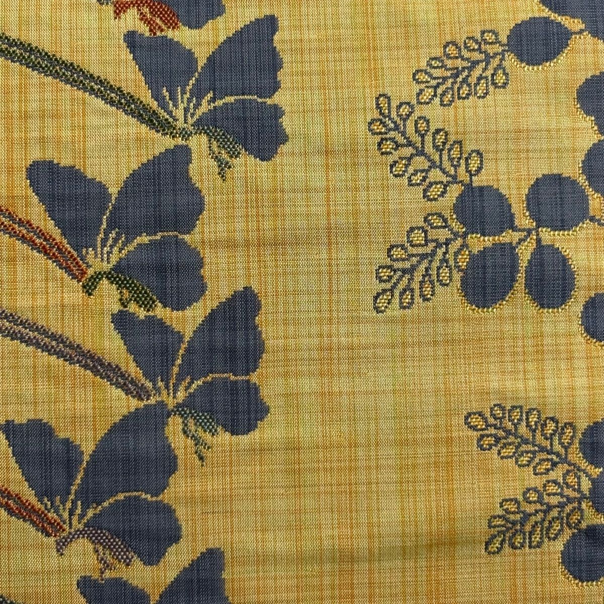 袋帯 秀品 陶漆 紬地 蝶 萩 黄土色 六通 正絹