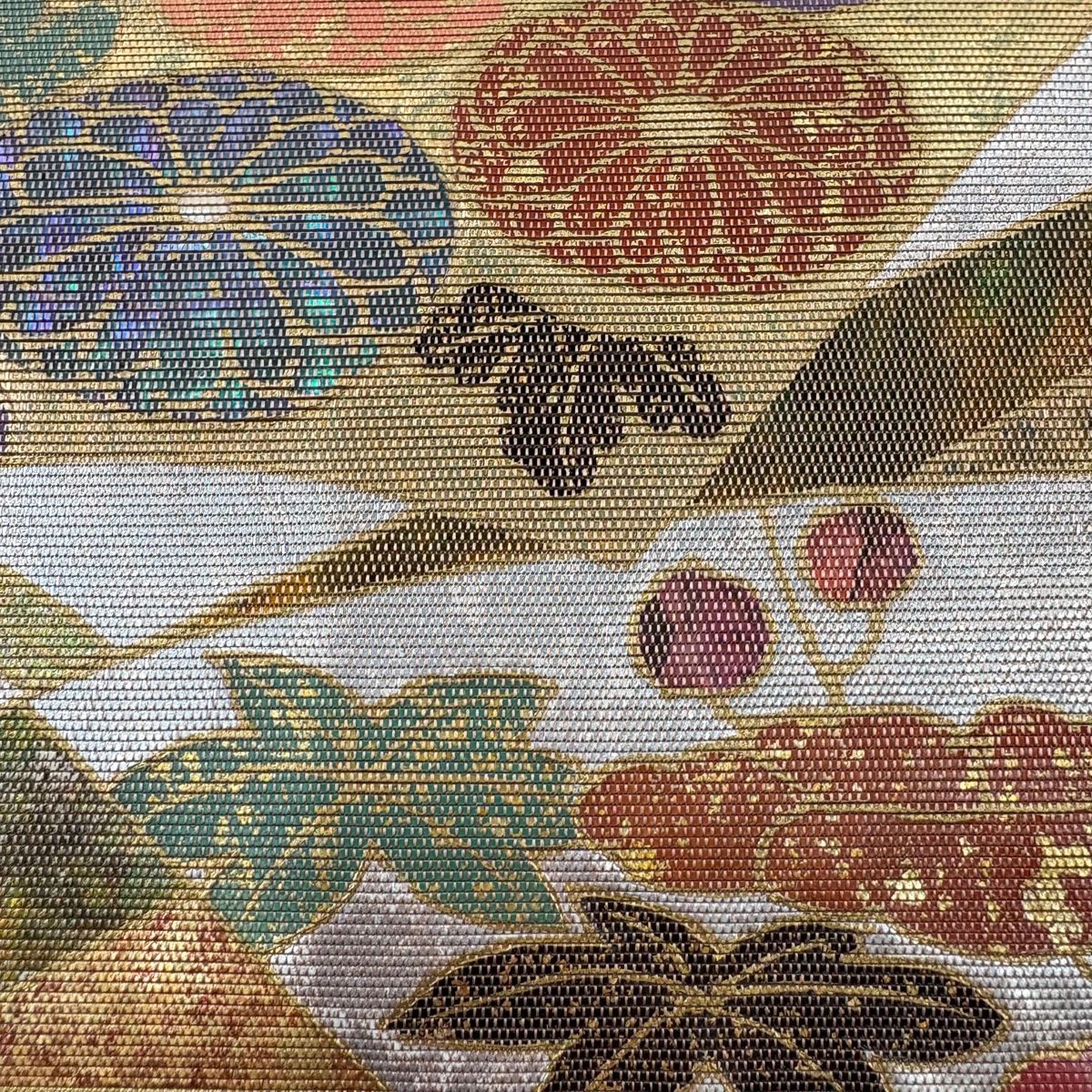 袋帯 秀品 扇面 草花 箔 金色 お太鼓柄 正絹