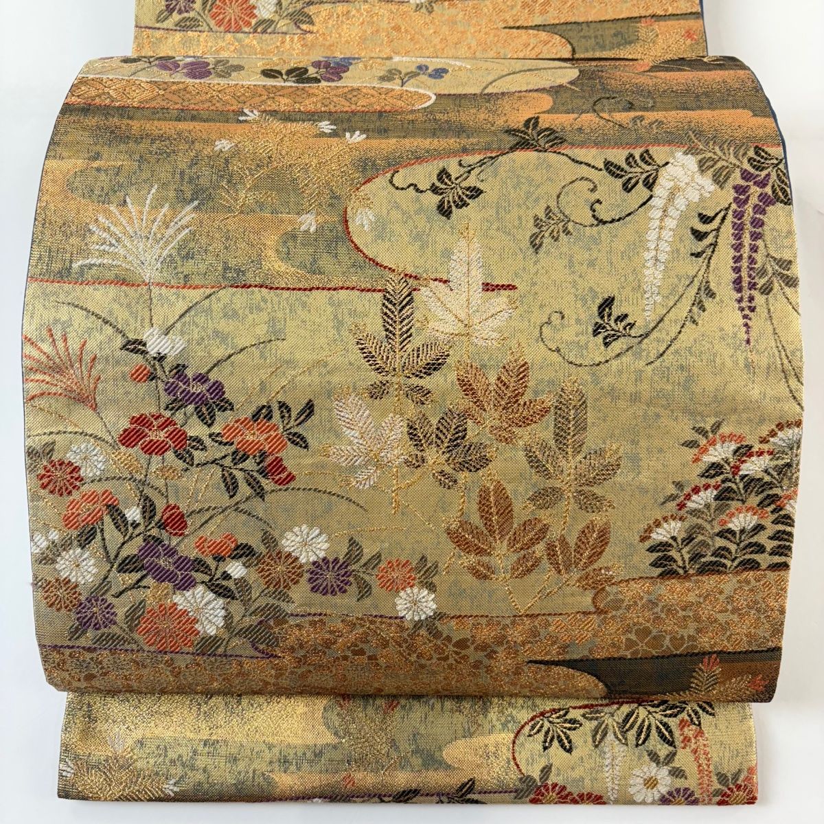 袋帯 秀品 雲霞彩花小袖絵文 金色 六通 正絹