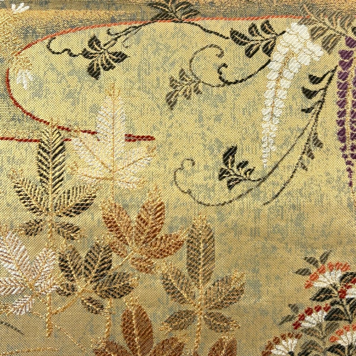 袋帯 秀品 雲霞彩花小袖絵文 金色 六通 正絹