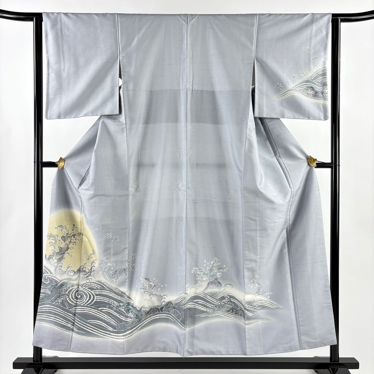 付下げ 身丈154.5cm 裄丈62.5cm S 袷 白山紬地 証紙 波頭 鳥 ぼかし 青